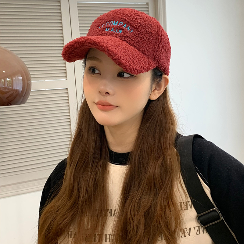 Fashion Red Polyester Plush Lettered Curved Brim Baseball Cap
