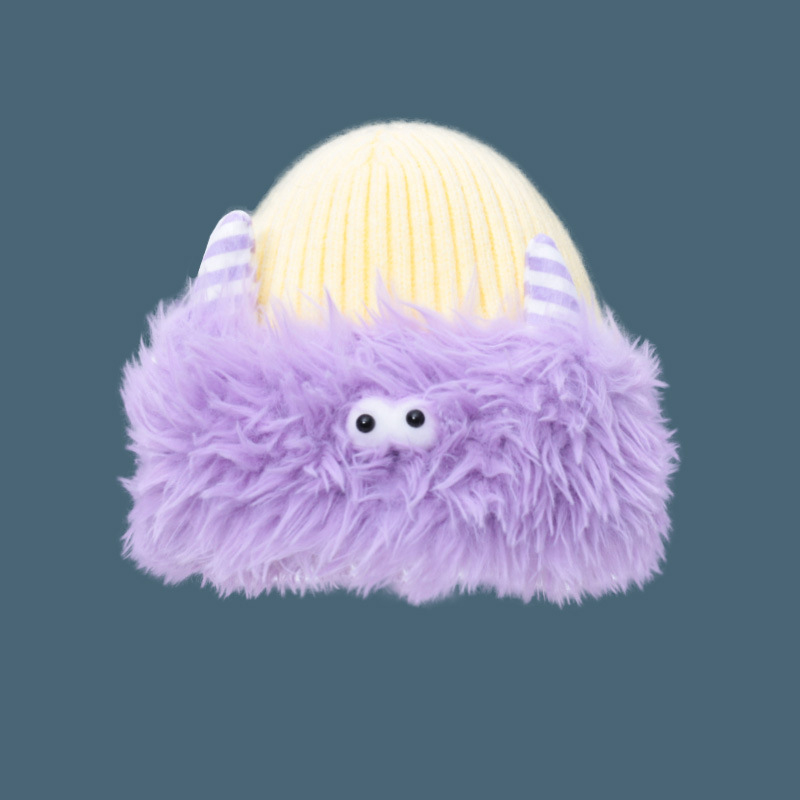 Fashion Purple Rough Edge Rice Top Plush Knit Color-blocked Beanie