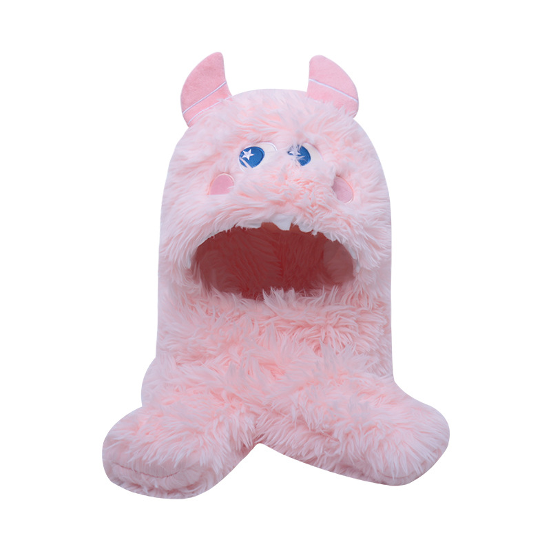 Fashion Pink Cartoon Plush Scarf And Gloves Integrated Hood