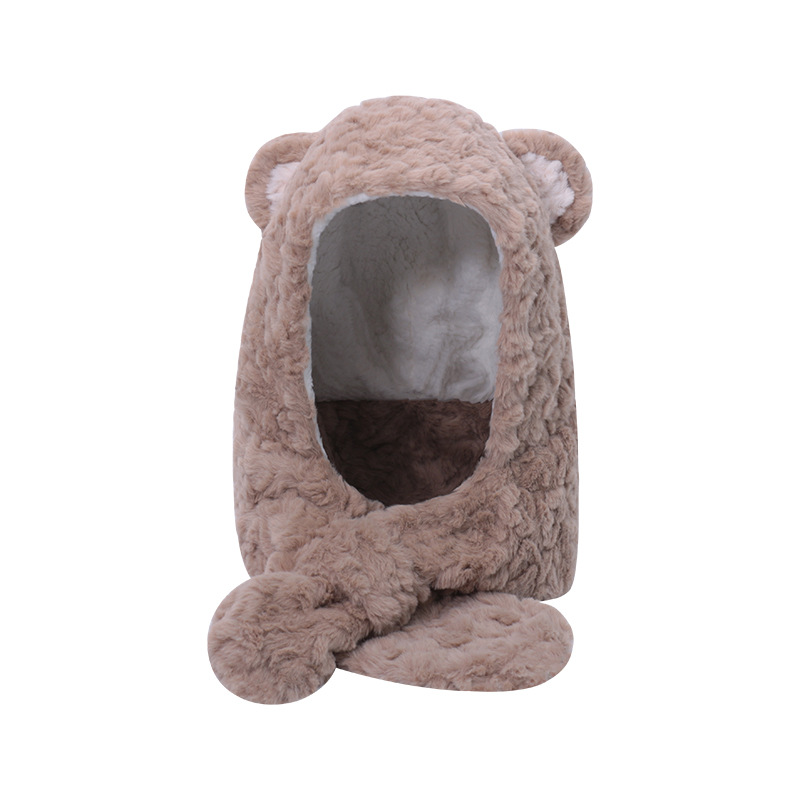 Fashion Khaki Polyester Plush Bear Scarf Integrated Hood