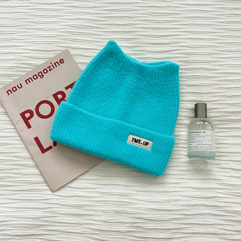 Fashion Lake Blue Polyester Knitted Patch Beanie