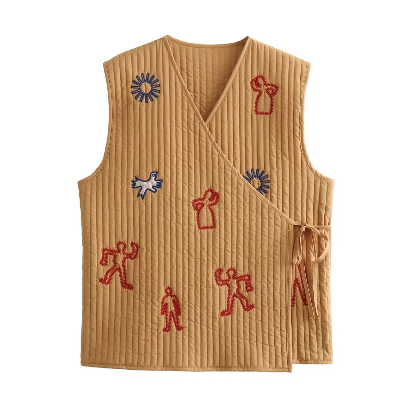 Fashion Khaki Cotton Embroidered Lace-up Vest