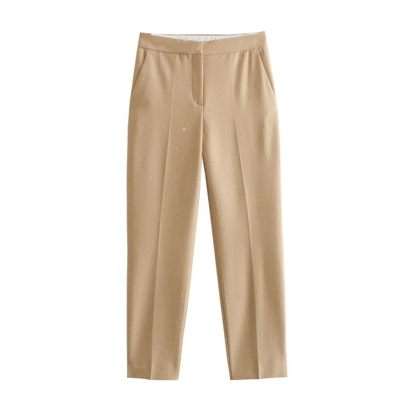 Fashion Khaki Polyester Micro-pleated Straight-leg Trousers