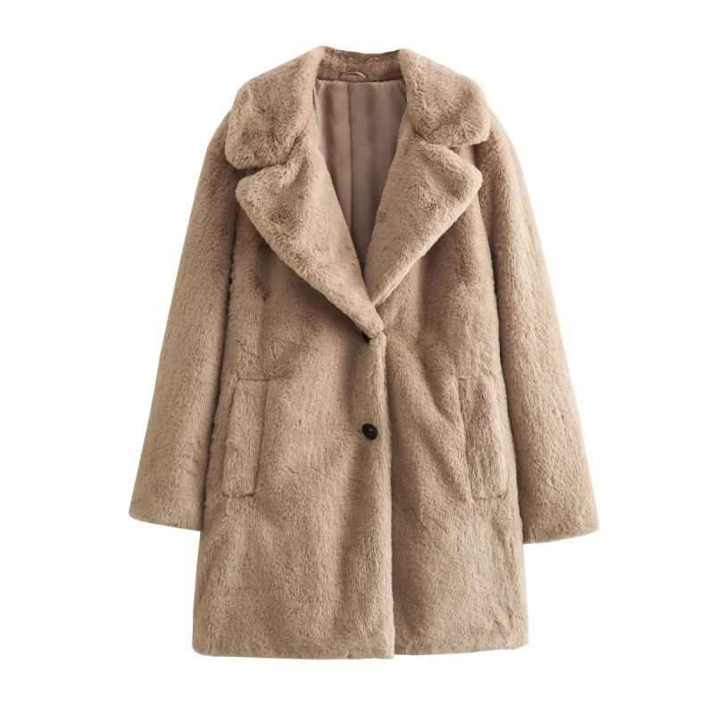 Fashion Brown Plush Lapel Buttoned Coat