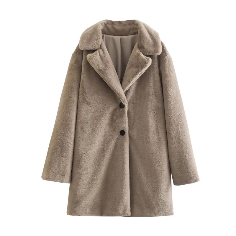 Fashion Grey Plush Lapel Buttoned Coat