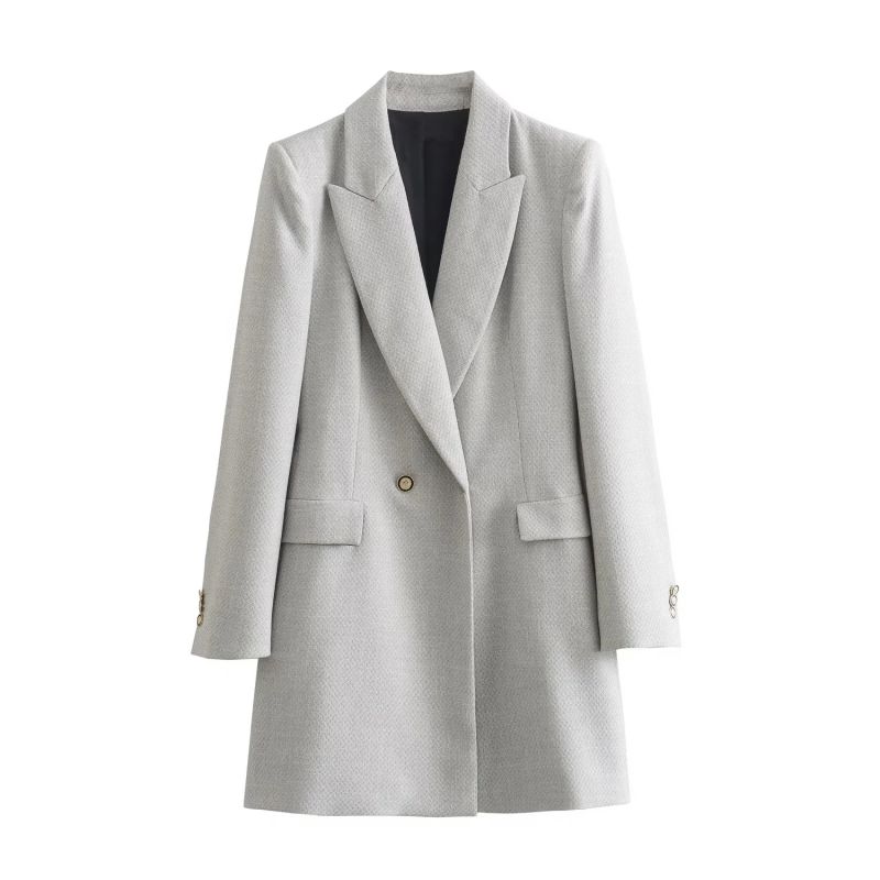 Fashion White Gray Double-breasted Blazer With Pockets