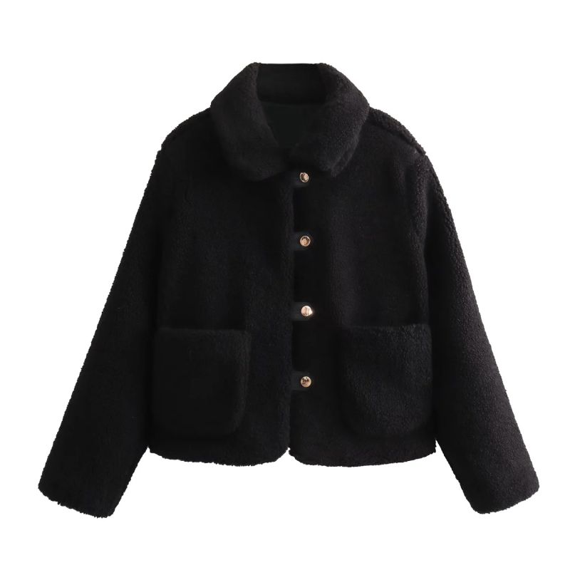 Fashion Black Plush Lapel Buttoned Jacket