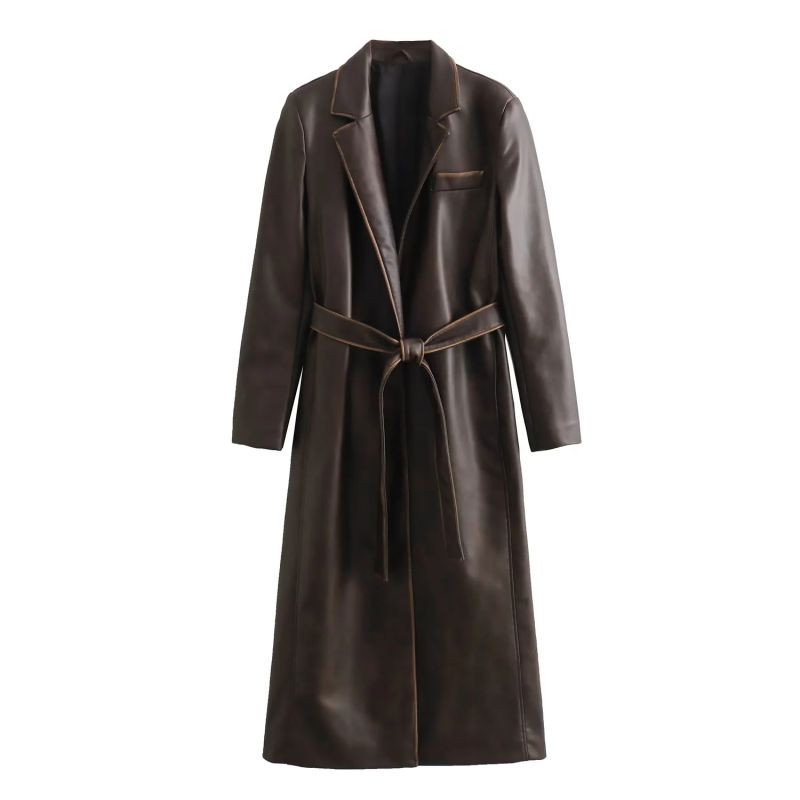 Fashion Chocolate Color Leather Lapel Lace-up Coat