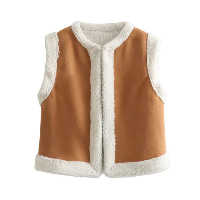 Fashion Brown Woven Plush Patchwork Vest