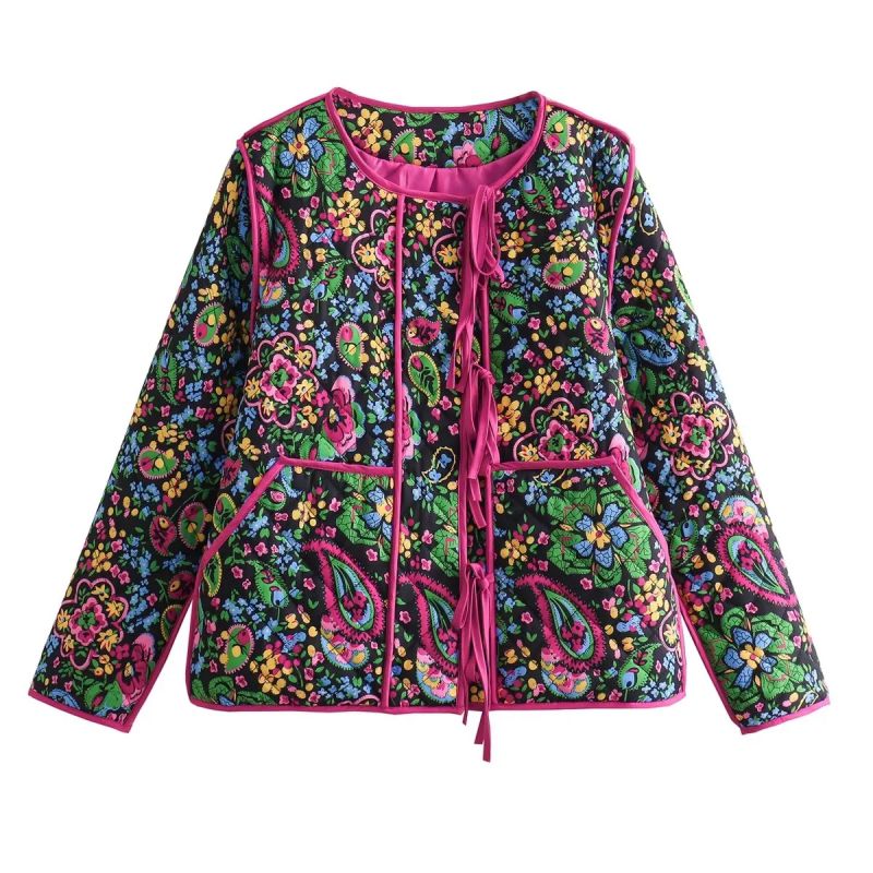 Fashion Color Printed Lace-up Cotton Jacket