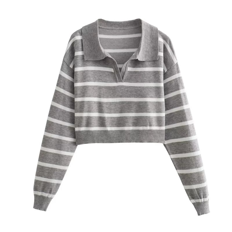 Fashion Grey V-neck Striped Knit Top