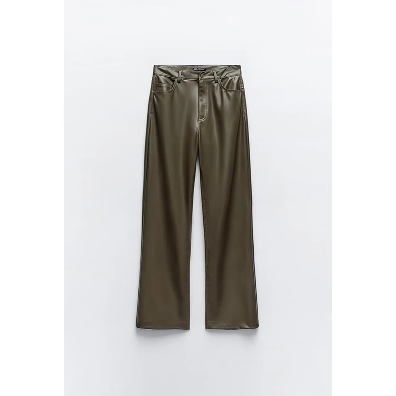 Fashion Armygreen Leather Straight-leg Trousers