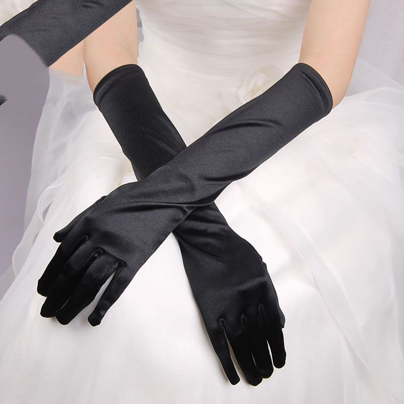 Fashion Black Satin Stretch Five Finger Long Gloves