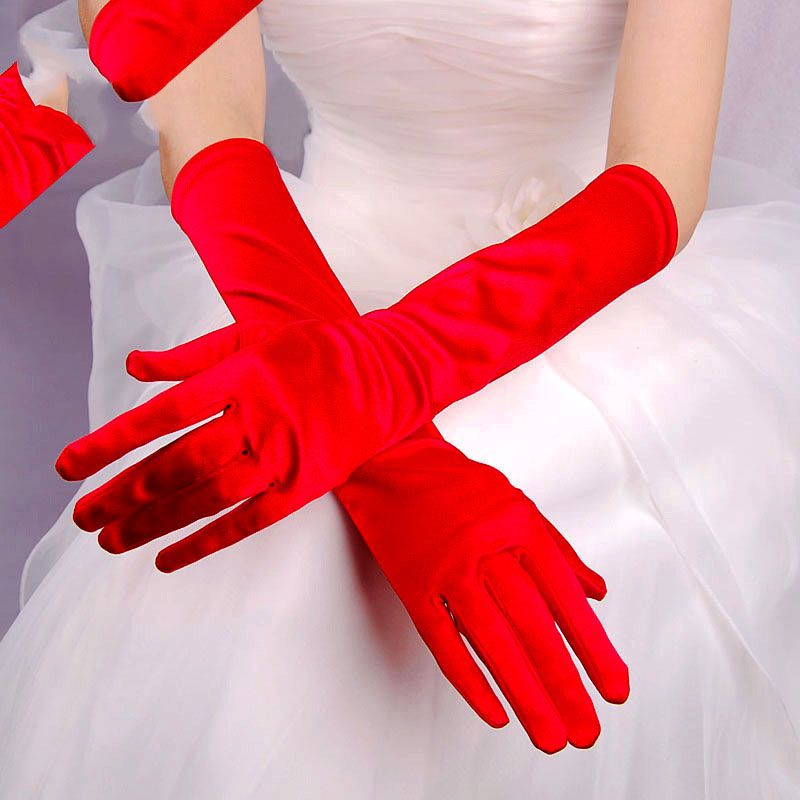 Fashion Red Satin Stretch Five Finger Long Gloves