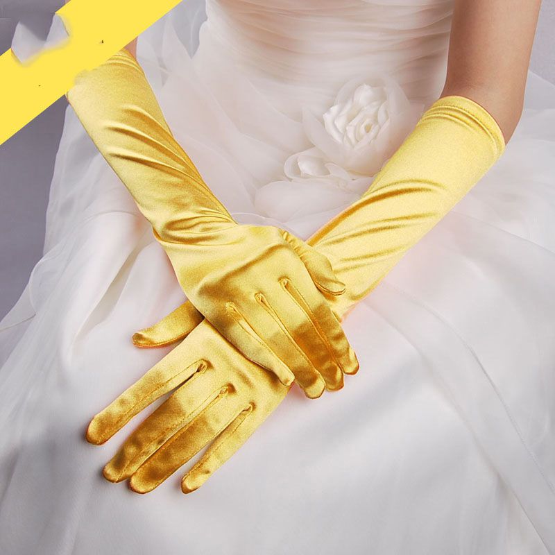 Fashion Bright Yellow Satin Stretch Five Finger Long Gloves