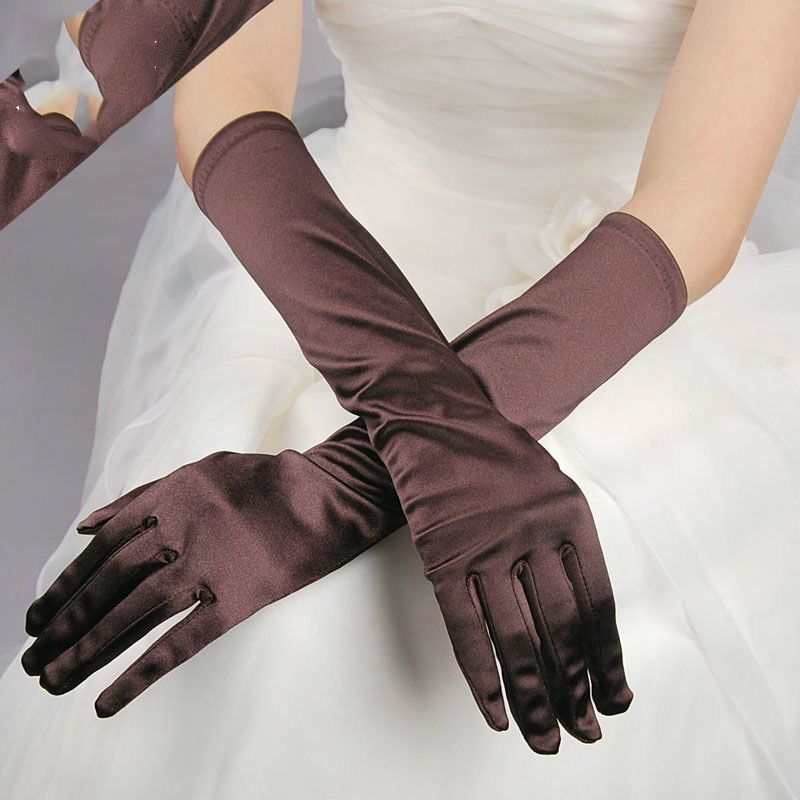 Fashion Brown Satin Stretch Five Finger Long Gloves