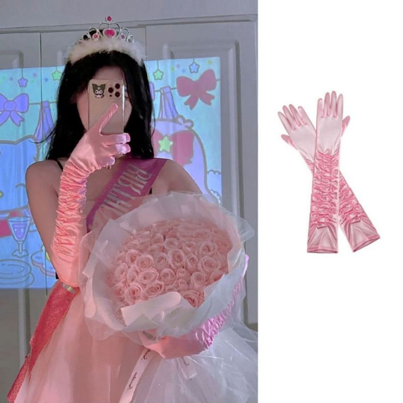 Fashion Pink Pleated Model Satin Stretch Five Finger Long Gloves