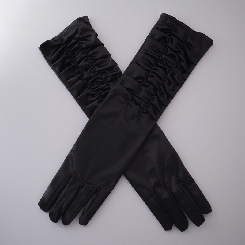 Fashion Black Pleated Model Satin Stretch Five Finger Long Gloves
