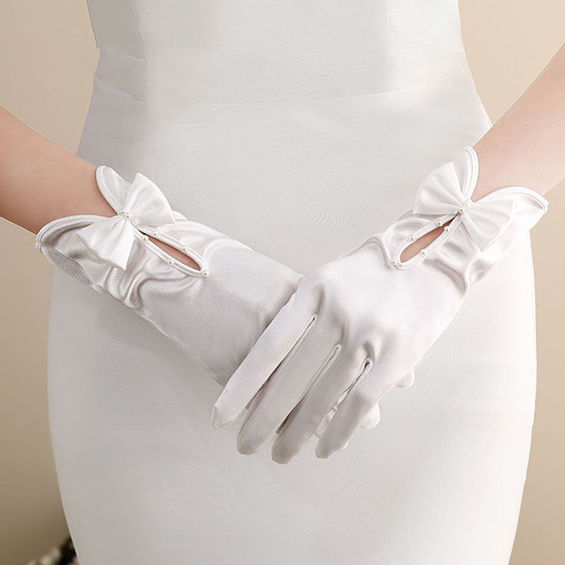 Fashion White Satin Beaded Bow Five-finger Gloves