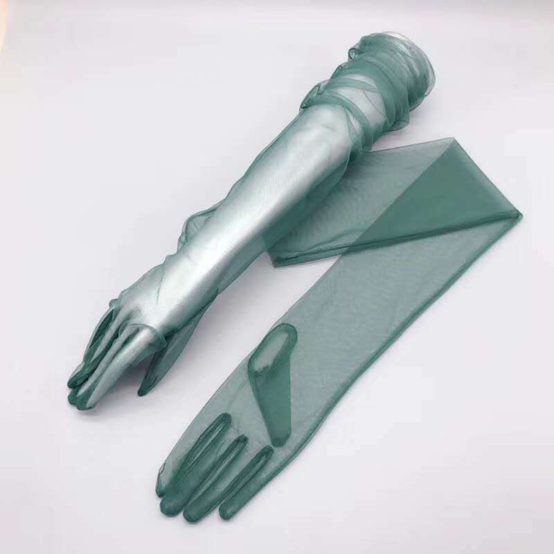 Fashion Dark Green Mesh Transparent Five-finger Long Sleeves