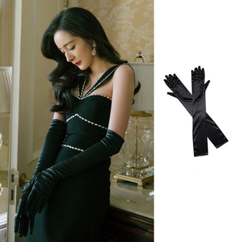Fashion Black Satin Five-finger Long Gloves