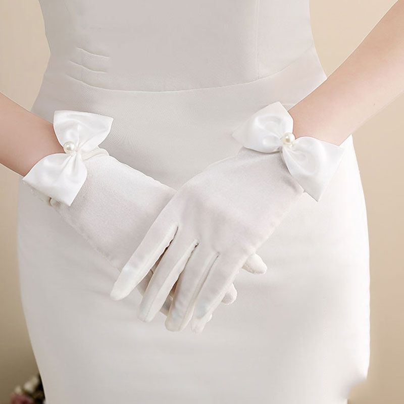 Fashion White Velvet Bow Five-finger Gloves