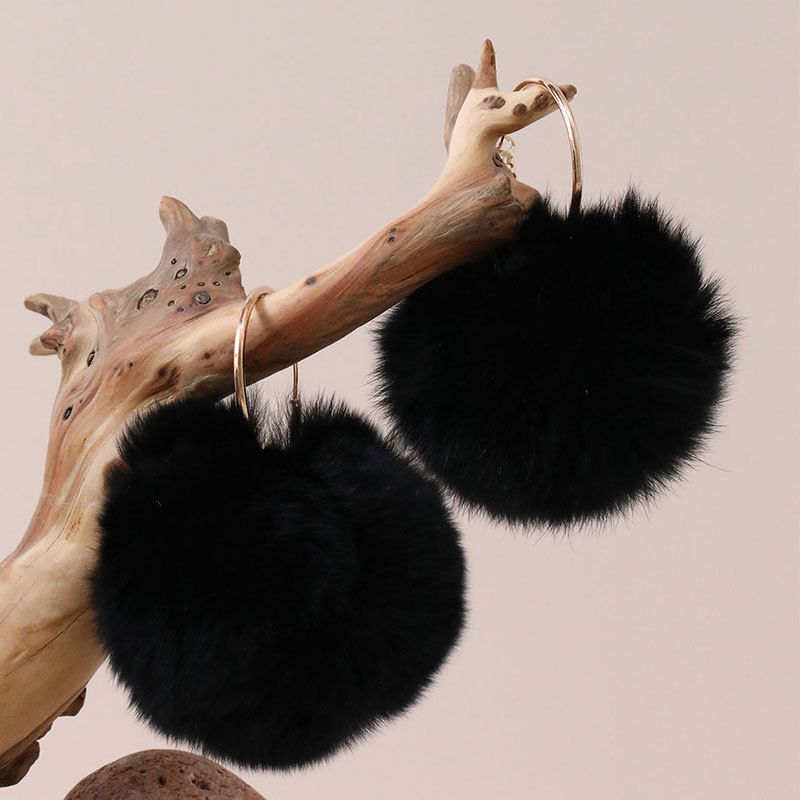 Fashion Black Mink Fur Ball Earrings