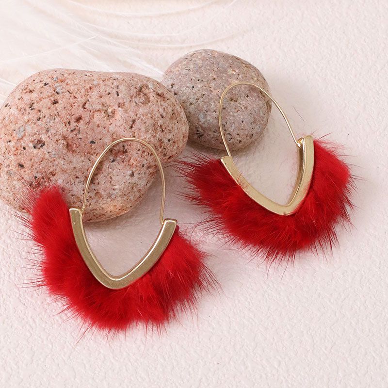 Fashion Big Red V-shaped Mink Hair Earrings