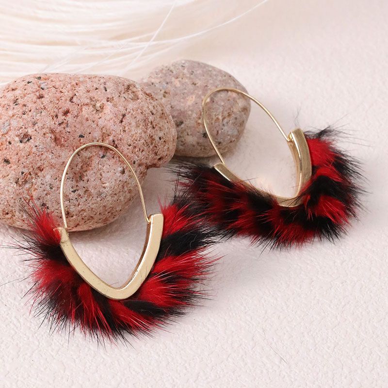 Fashion Black Red V-shaped Mink Hair Earrings
