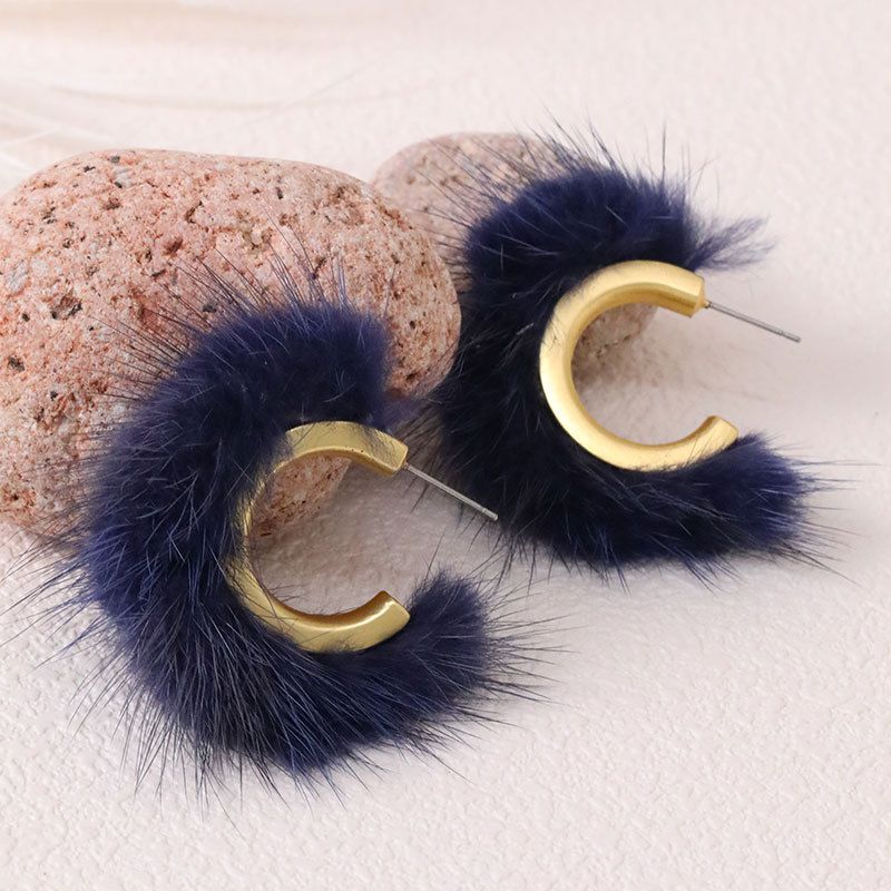 Fashion Royal Blue C-shaped Mink Hair Earrings