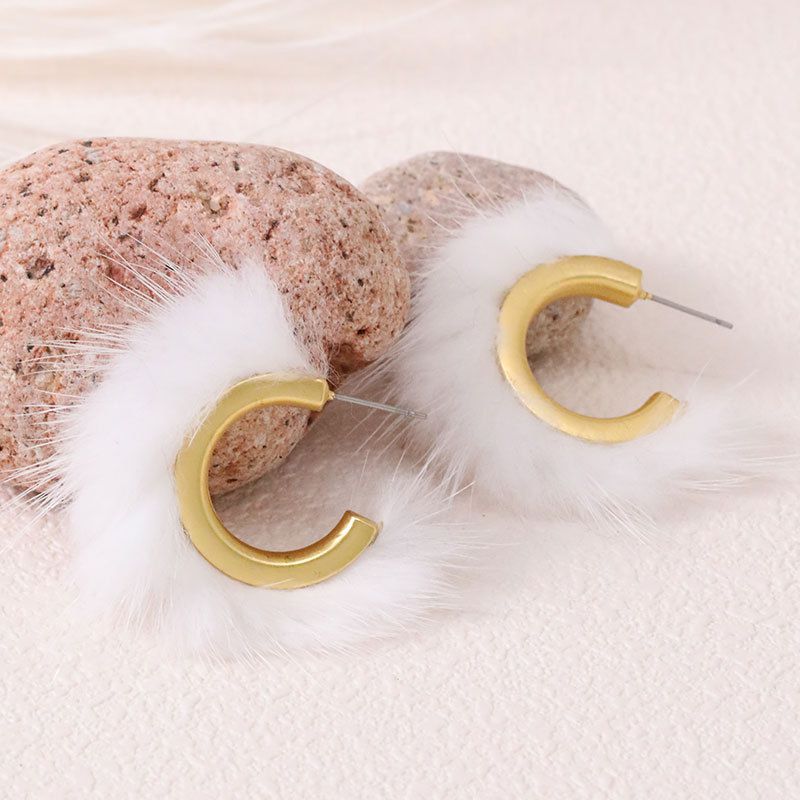 Fashion White C-shaped Mink Hair Earrings