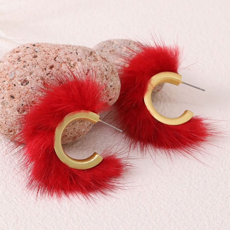 Fashion Bright Red C-shaped Mink Hair Earrings