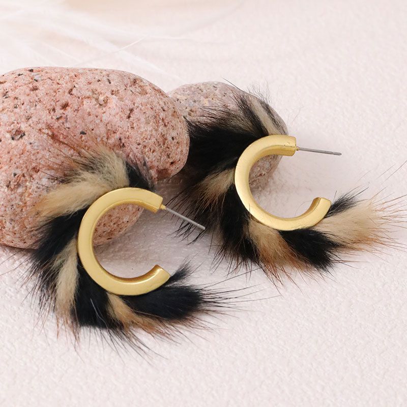 Fashion Black Coffee C-shaped Mink Hair Earrings