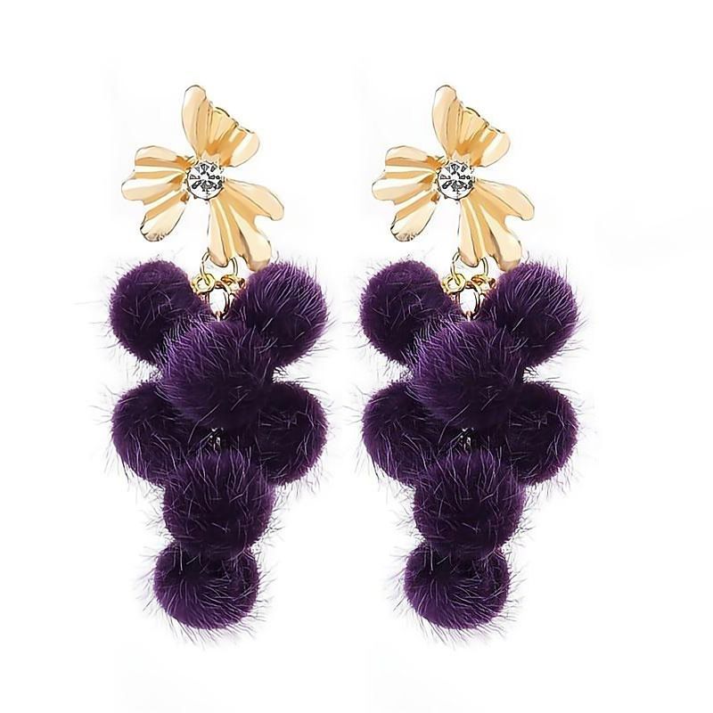Fashion Purple Plush Diamond-encrusted Geometric Pom-pom Earrings