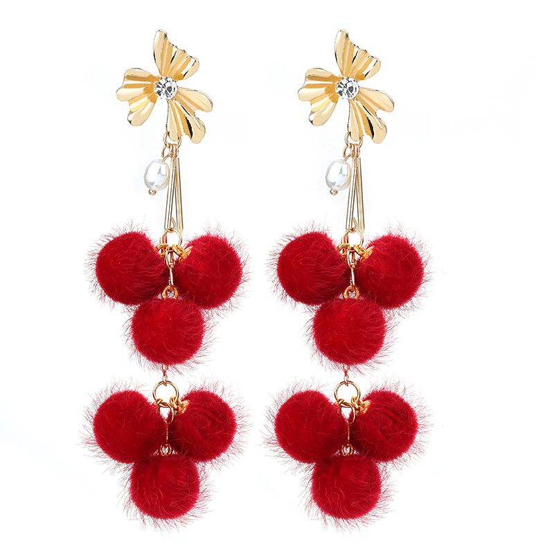 Fashion Red Metal Diamond Geometric Pom-pom Earrings