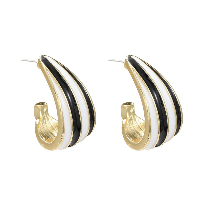 Fashion Black And White Alloy Oil Dripping C-shaped Stripe Earrings
