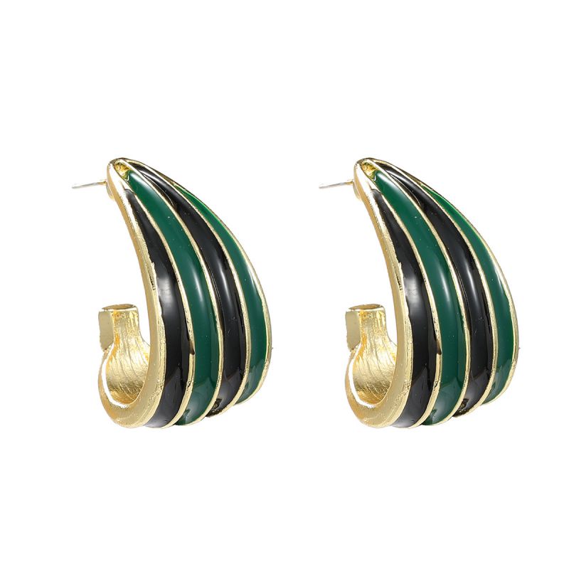 Fashion Dark Green Alloy Oil Dripping C-shaped Stripe Earrings