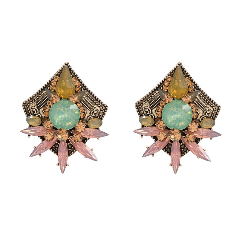 Fashion Green Powder Alloy Diamond Geometric Stud Earrings