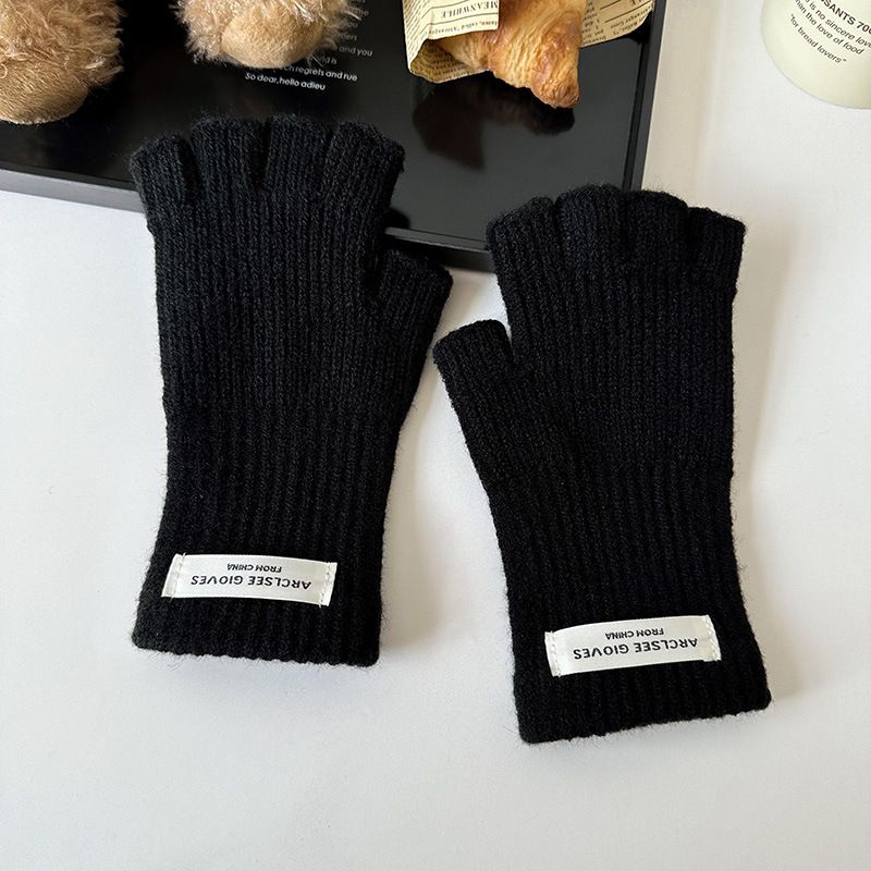 Fashion Black Wool Knit Patch Half Finger Gloves