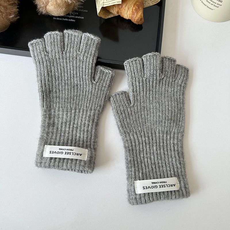 Fashion Grey Wool Knit Patch Half Finger Gloves