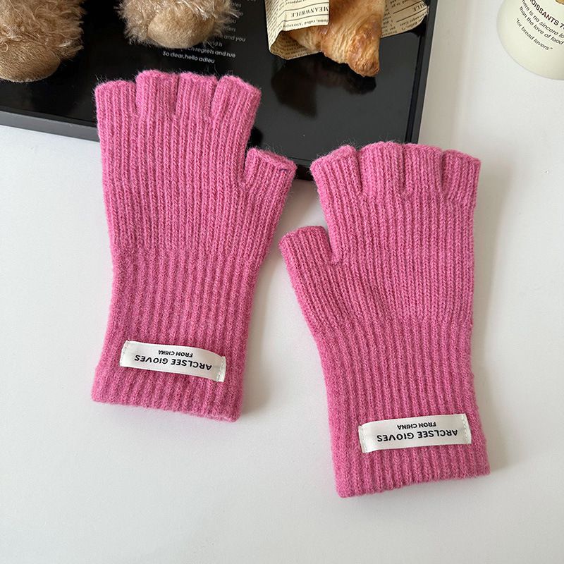 Fashion Rose Red Wool Knit Patch Half Finger Gloves