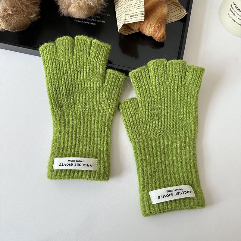 Fashion Fresh Green Wool Knit Patch Half Finger Gloves