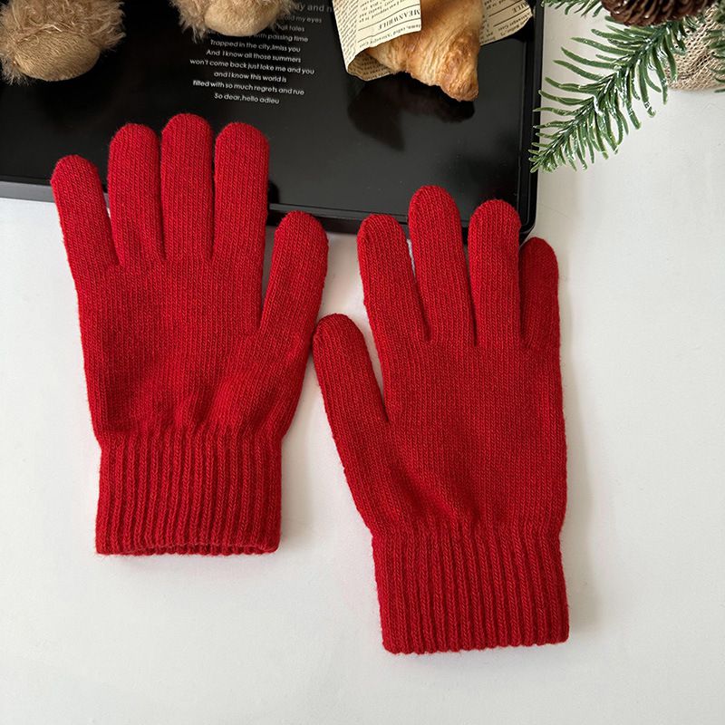Fashion Red Wool Knitted Five-finger Gloves