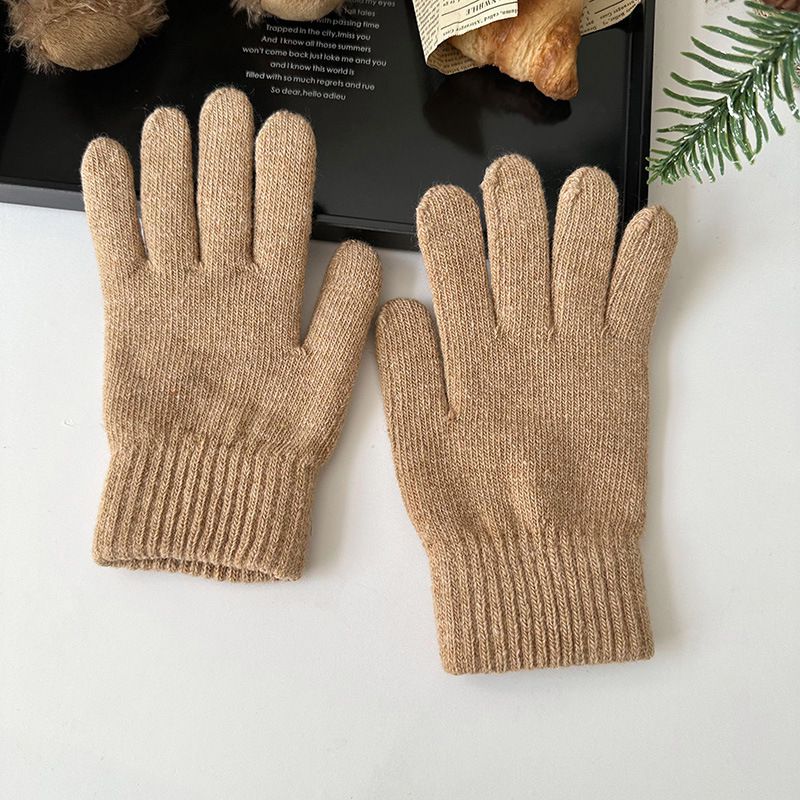 Fashion Khaki Wool Knitted Five-finger Gloves