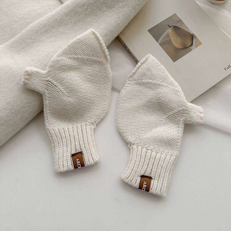 Fashion White Wool Knit Patch Half Finger Gloves