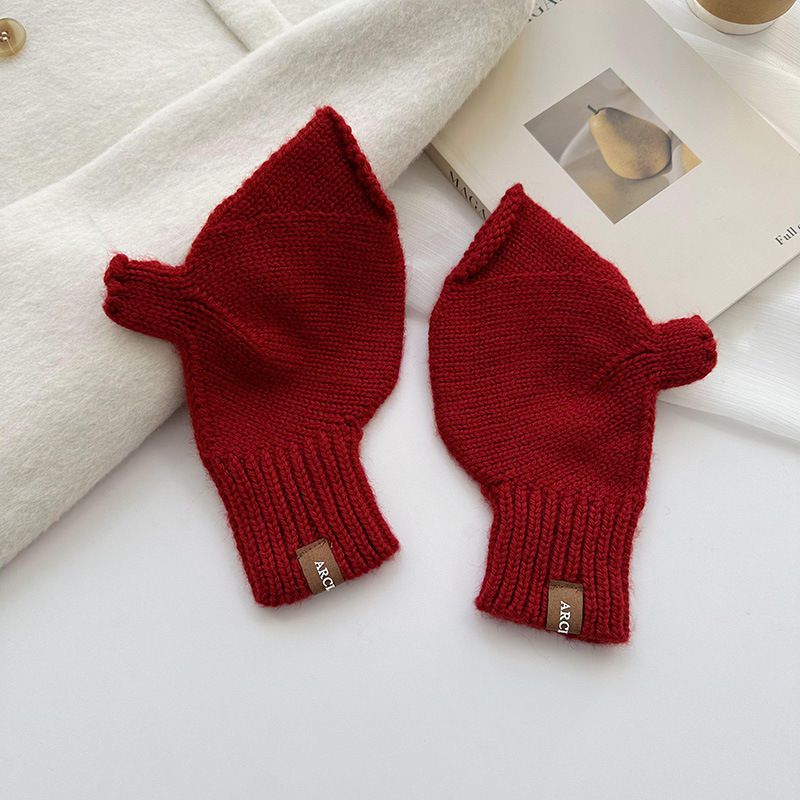 Fashion Red Wool Knit Patch Half Finger Gloves