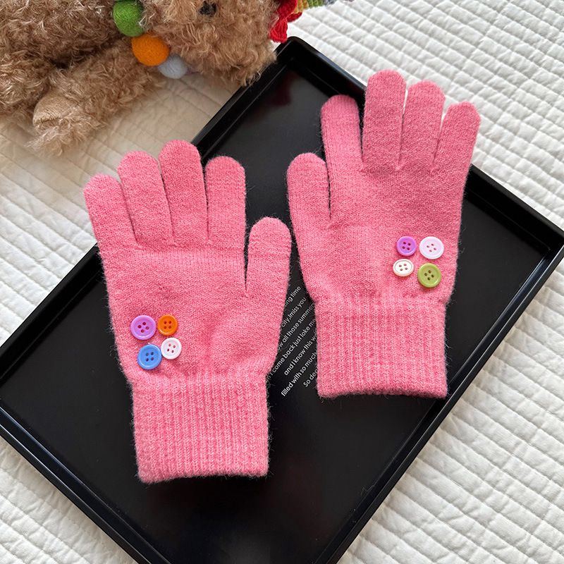 Fashion Pink Colorful Button Wool Knitted Five-finger Gloves