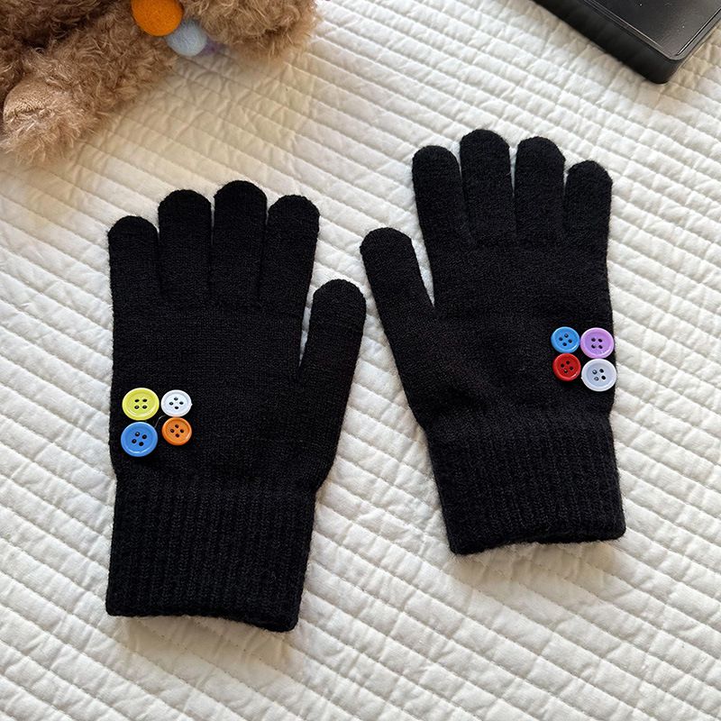 Fashion Black Colorful Button Wool Knitted Five-finger Gloves