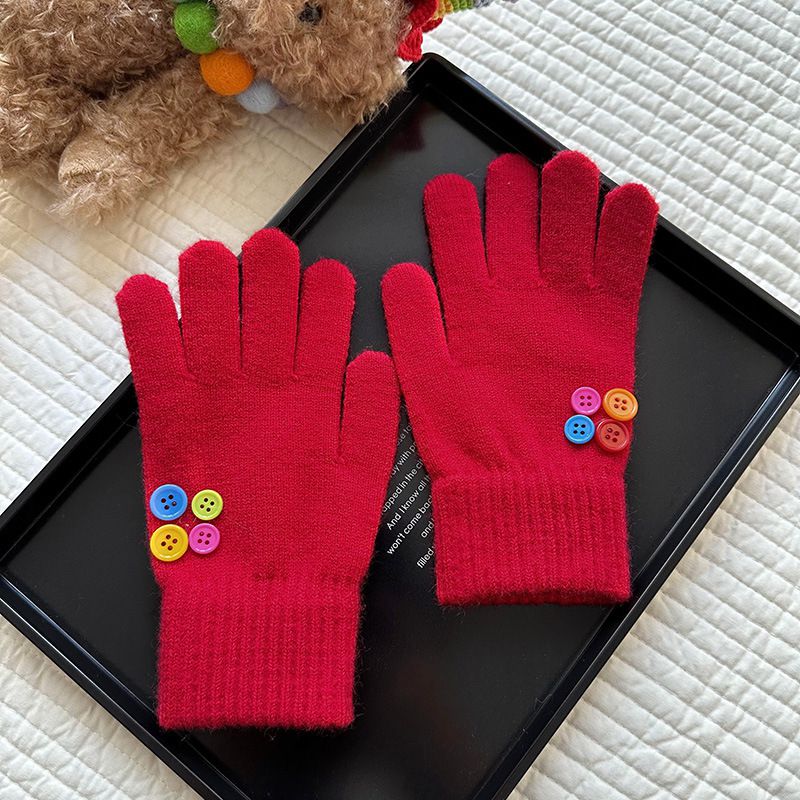 Fashion Red Colorful Button Wool Knitted Five-finger Gloves