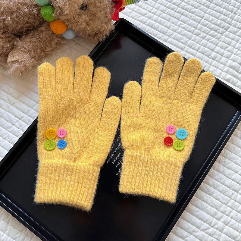 Fashion Yellow Colorful Button Wool Knitted Five-finger Gloves